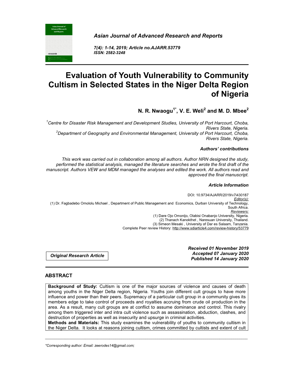 Evaluation of Youth Vulnerability to Community Cultism in Selected States in the Niger Delta Region of Nigeria