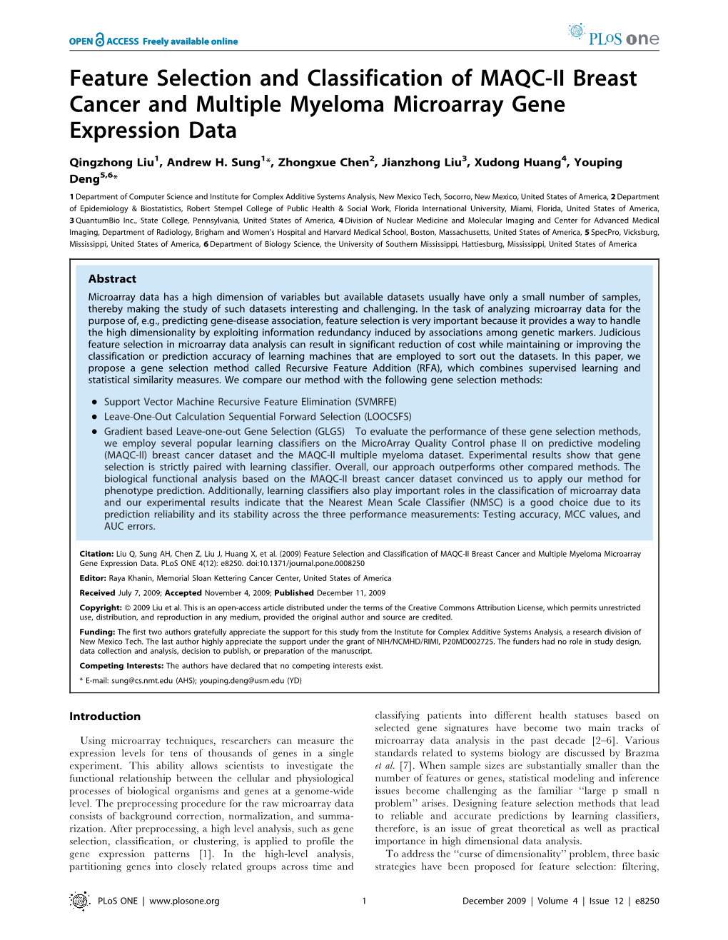 Feature Selection and Classification of MAQC-II Breast Cancer and Multiple Myeloma Microarray Gene Expression Data