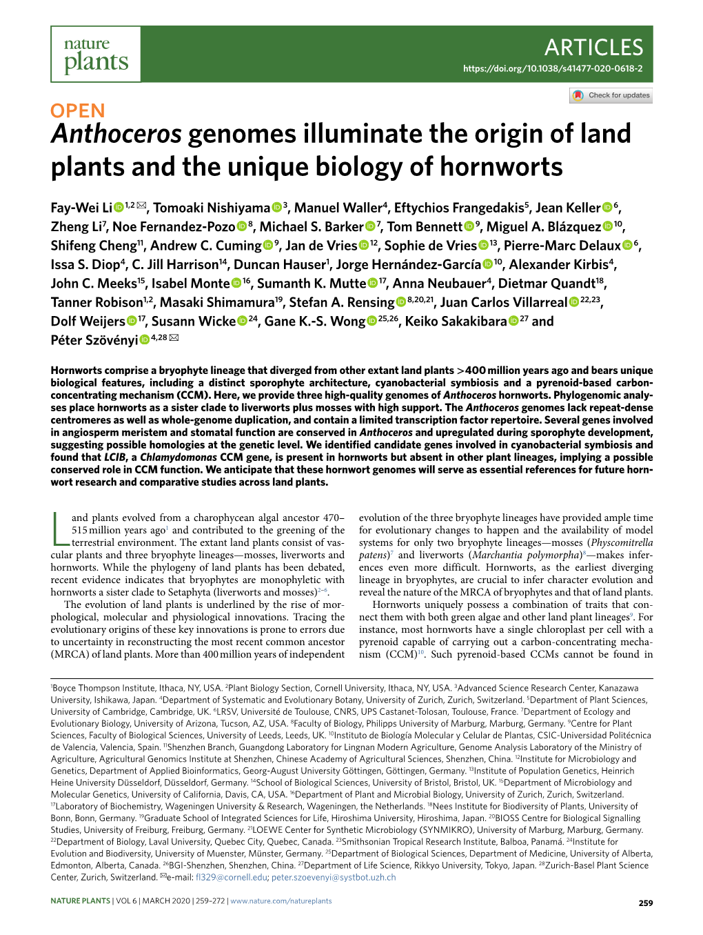 Anthoceros Genomes Illuminate the Origin of Land Plants and the Unique Biology of Hornworts