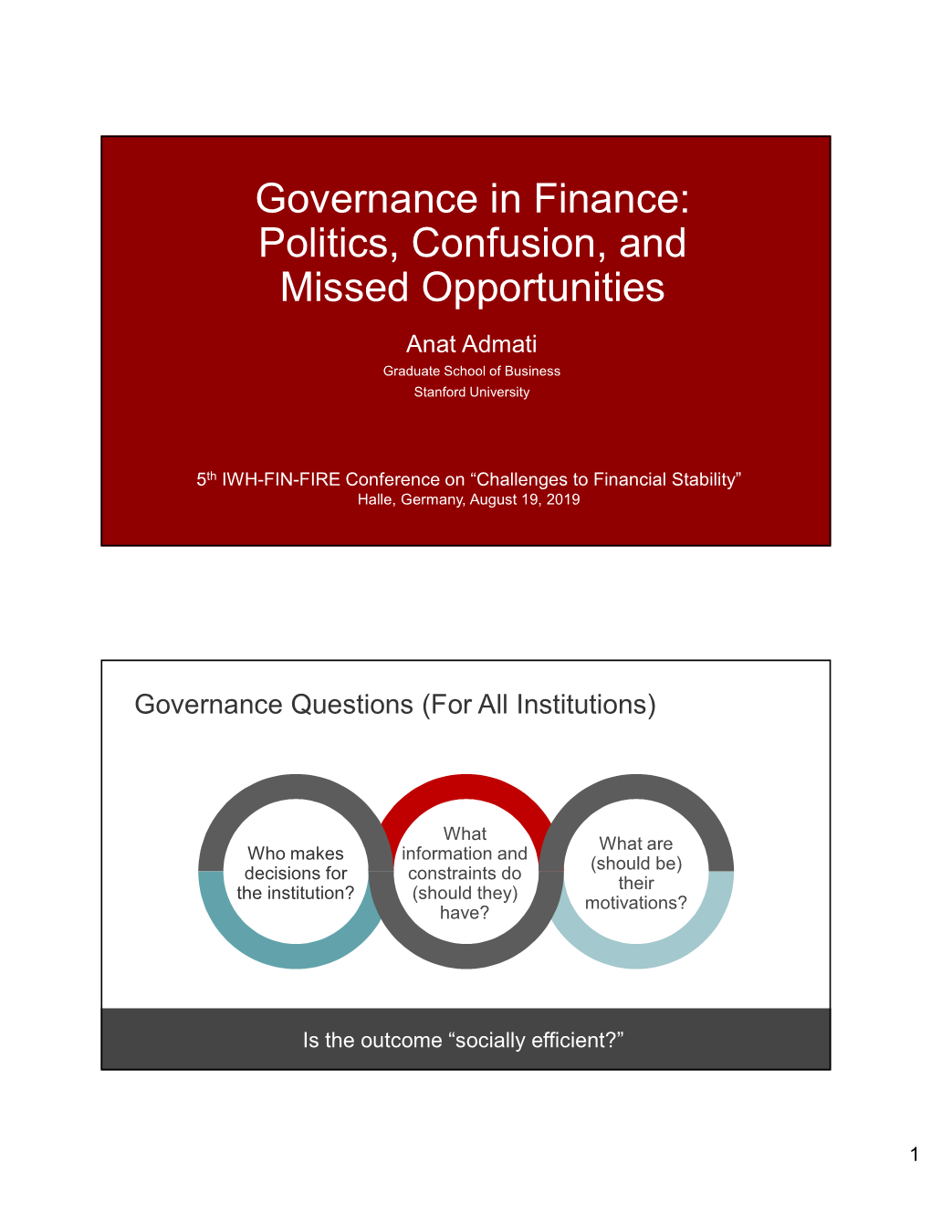 Governance in Finance: Politics, Confusion, and Missed Opportunities Anat Admati Graduate School of Business Stanford University