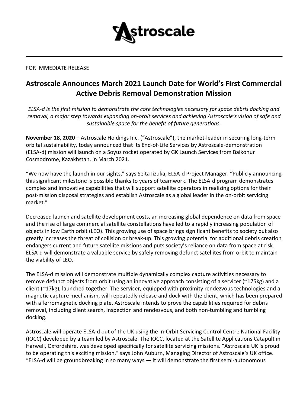 Astroscale Announces March 2021 Launch Date for World's First Commercial Active Debris Removal Demonstration Mission