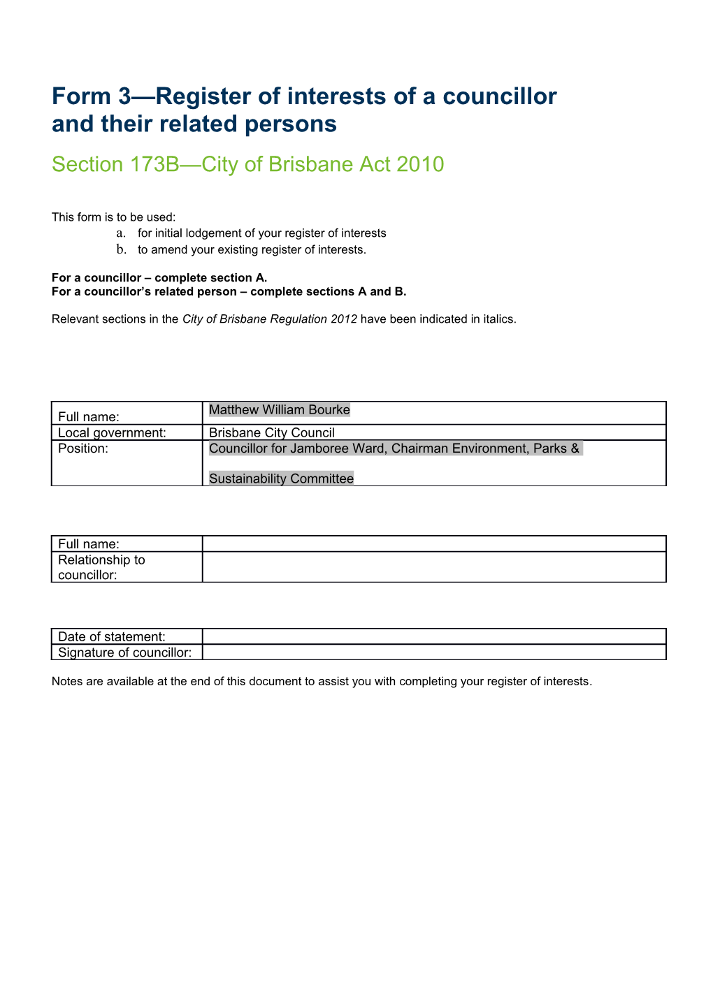 Form 3 - Register of Interests of a Councillor and Their Related Persons