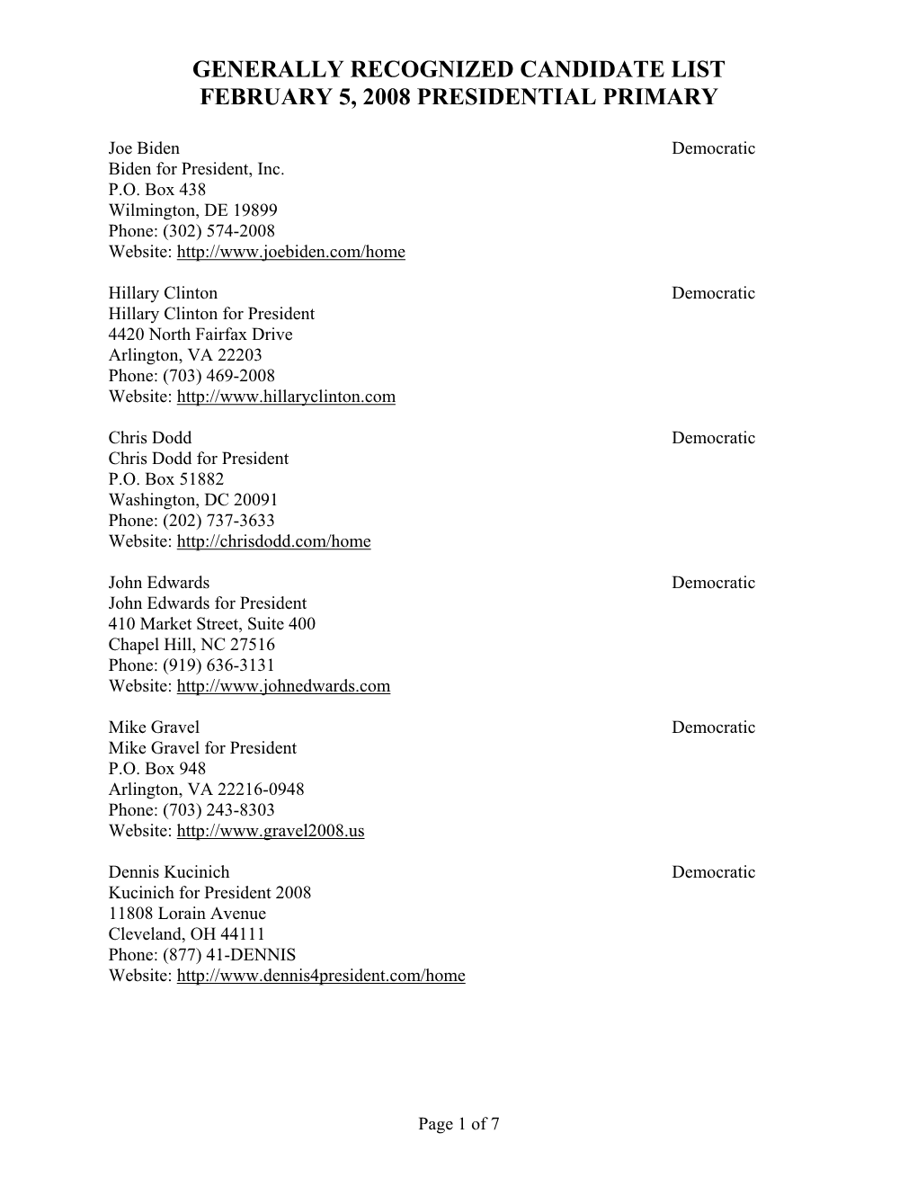 Generally Recognized Candidate List February 5, 2008 Presidential Primary