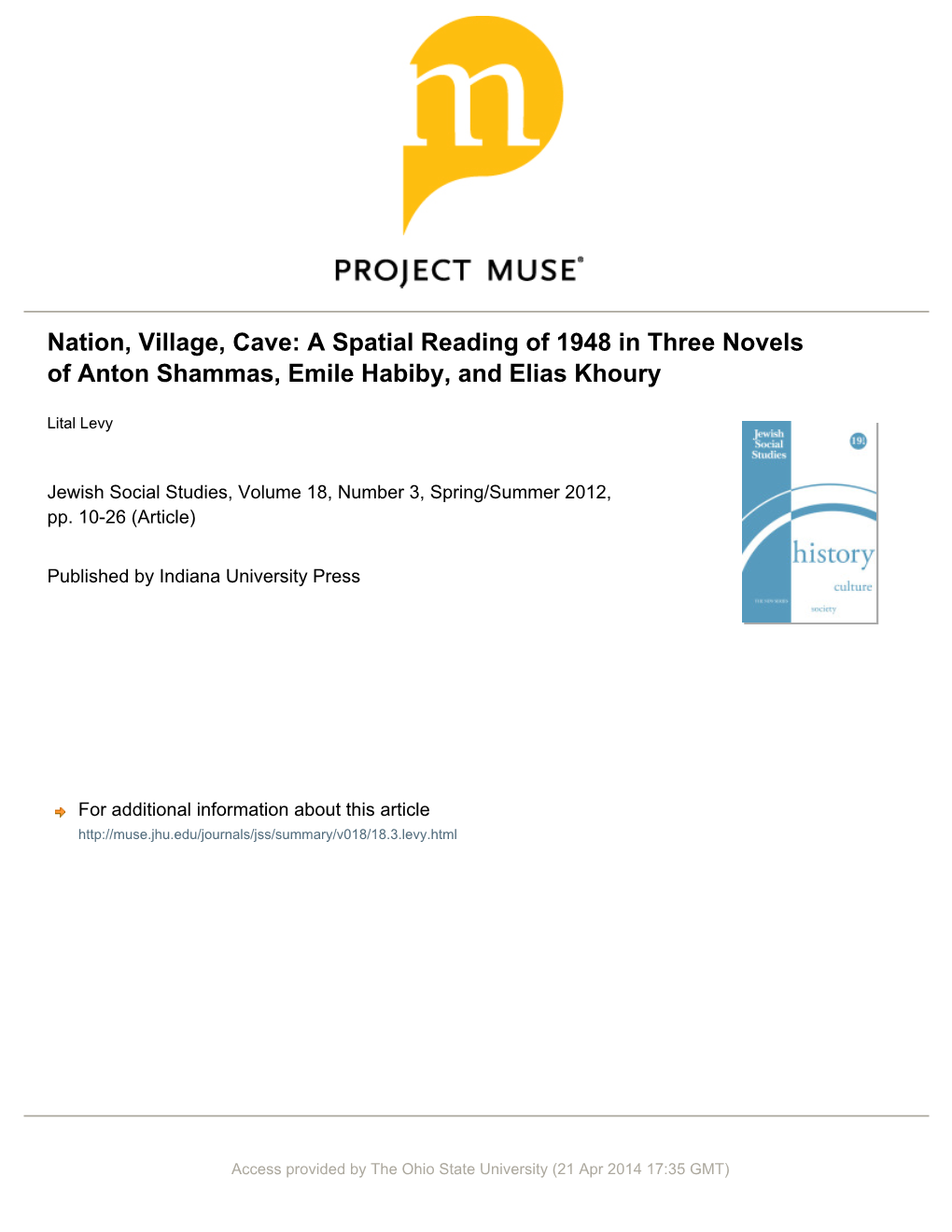Nation, Village, Cave: a Spatial Reading of 1948 in Three Novels of Anton Shammas, Emile Habiby, and Elias Khoury