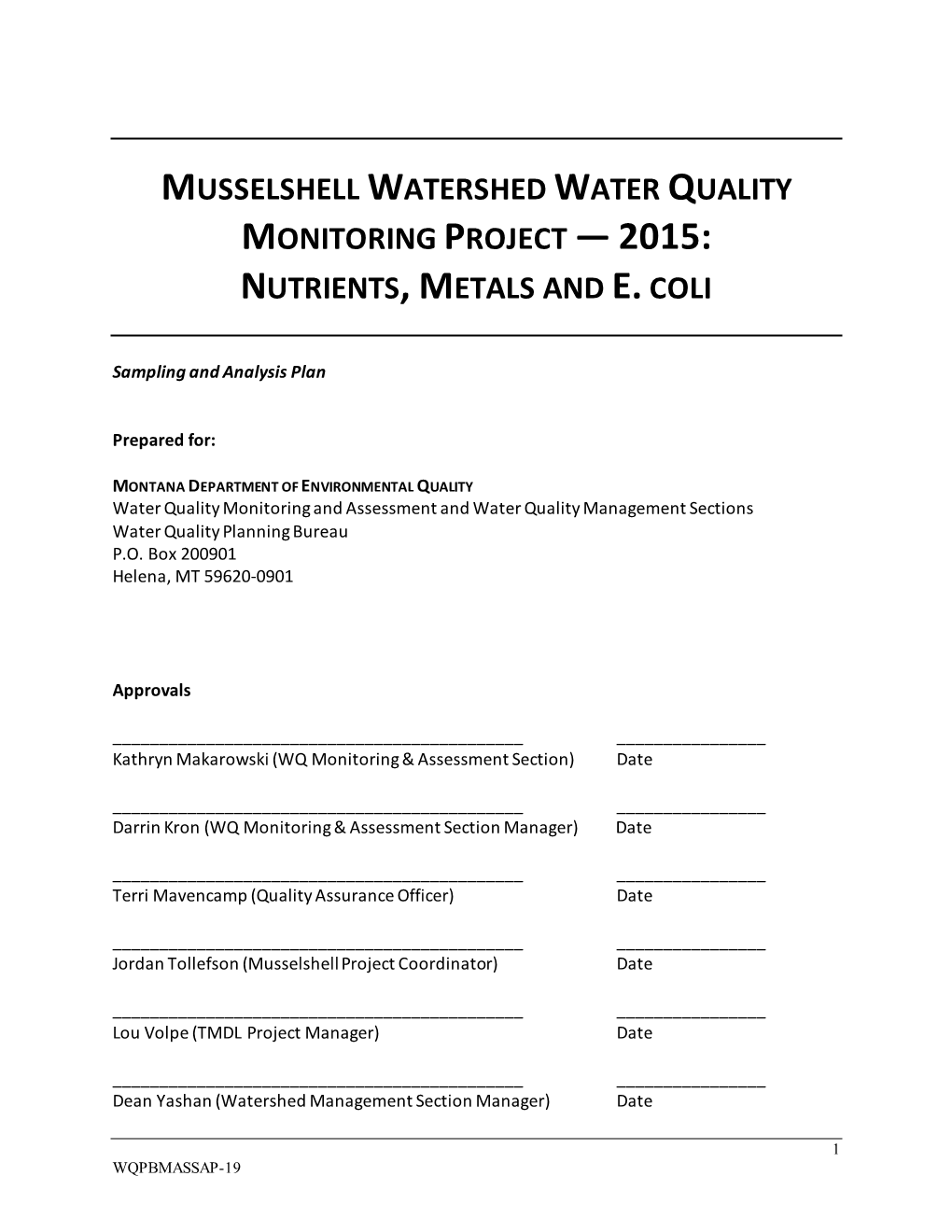 Musselshell Watershed Water Quality Monitoring Project — 2015: Nutrients, Metals and E