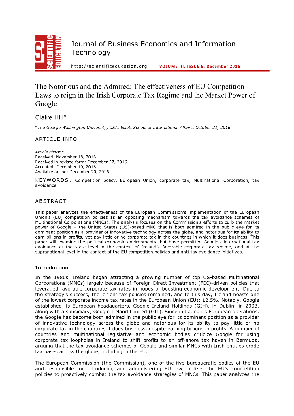 The Notorious and the Admired: the Effectiveness of EU Competition Laws to Reign in the Irish Corporate Tax Regime and the Market Power of Google