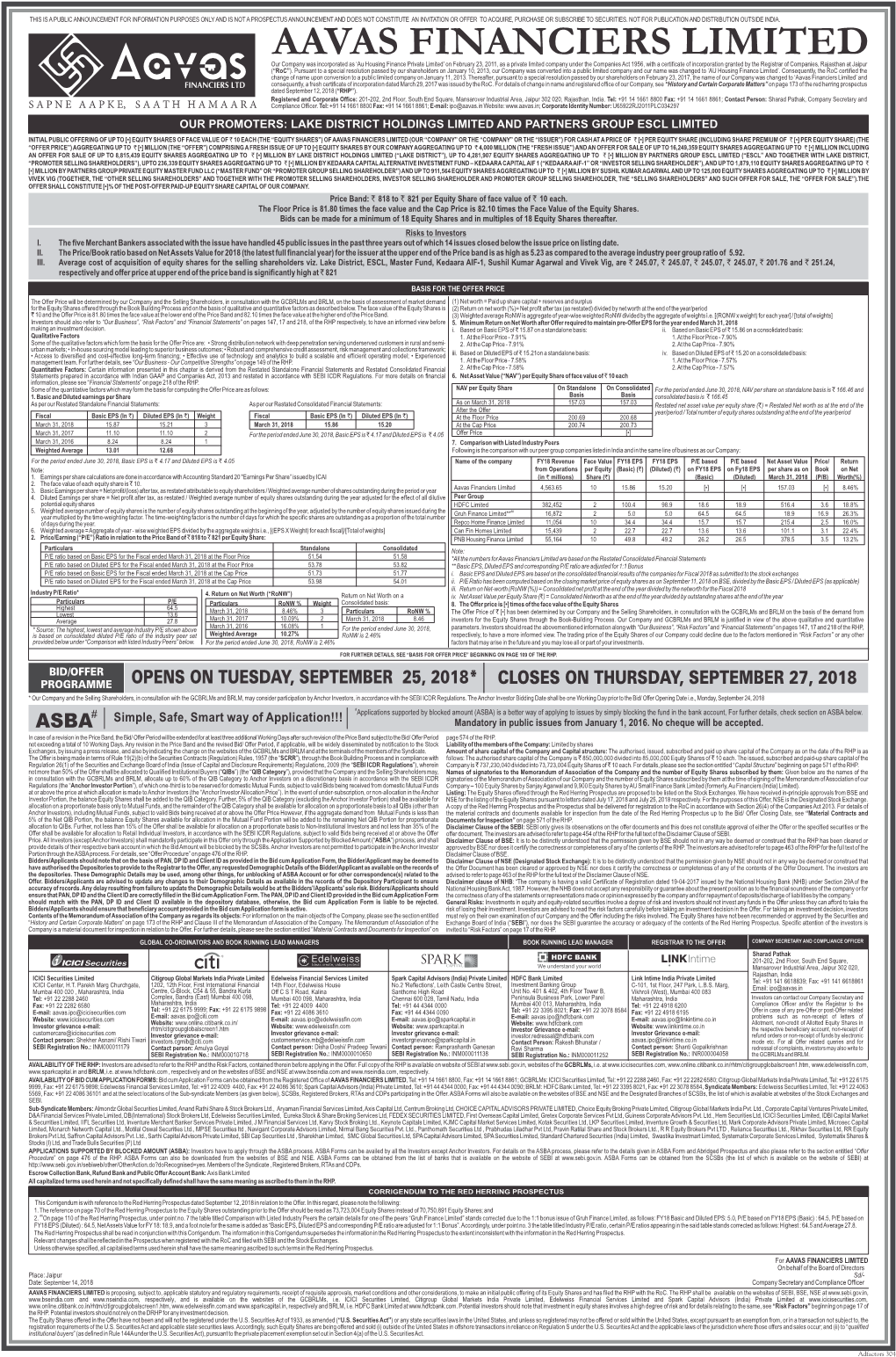 AAVAS FINANCIERS LIMITED Price Band Ad