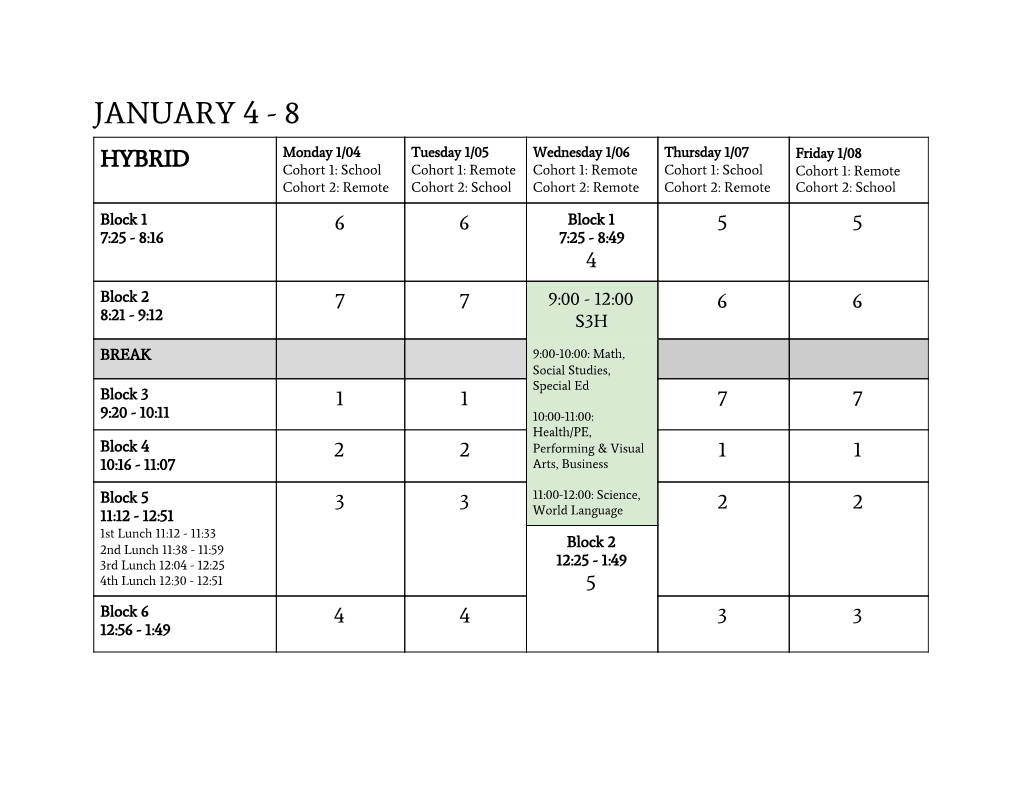 JANUARY 4 - 8 Monday 1/04 Tuesday 1/05 Wednesday 1/06 Thursday 1/07 Friday 1/08