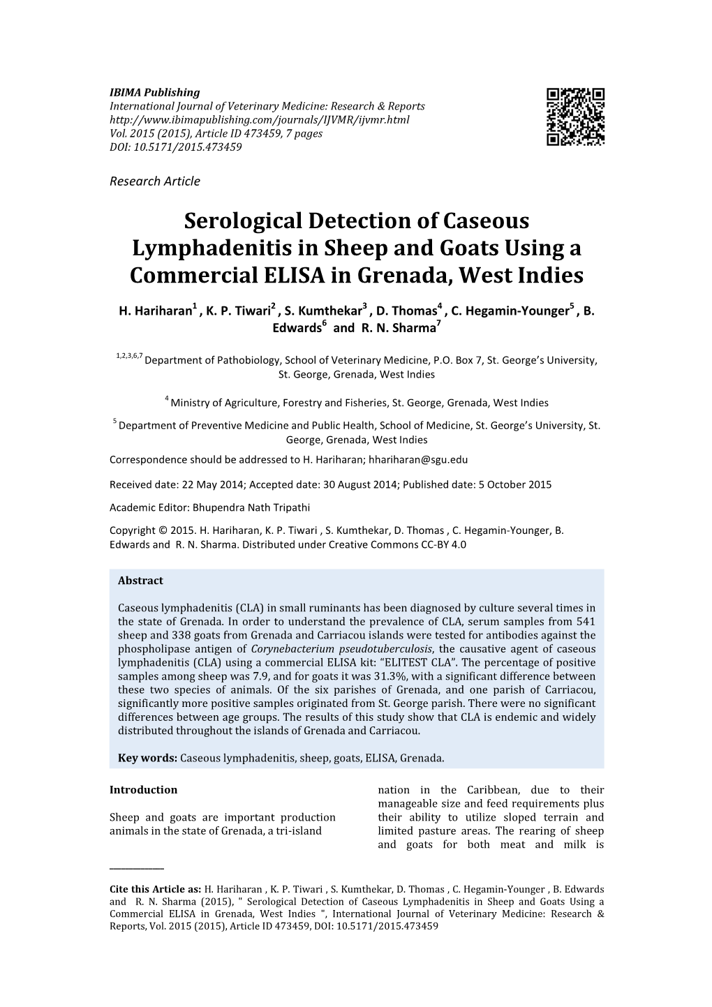 Serological Detection of Caseous Lymphadenitis in Sheep and Goats Using a Commercial ELISA in Grenada, West Indies