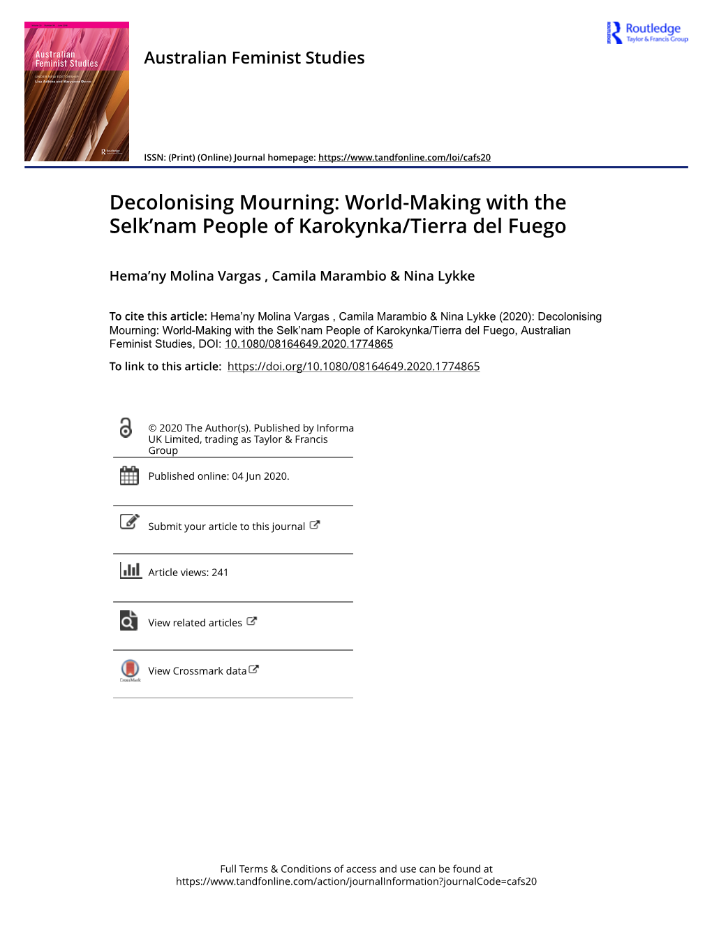 Decolonising Mourning: World-Making with the Selk’Nam People of Karokynka/Tierra Del Fuego