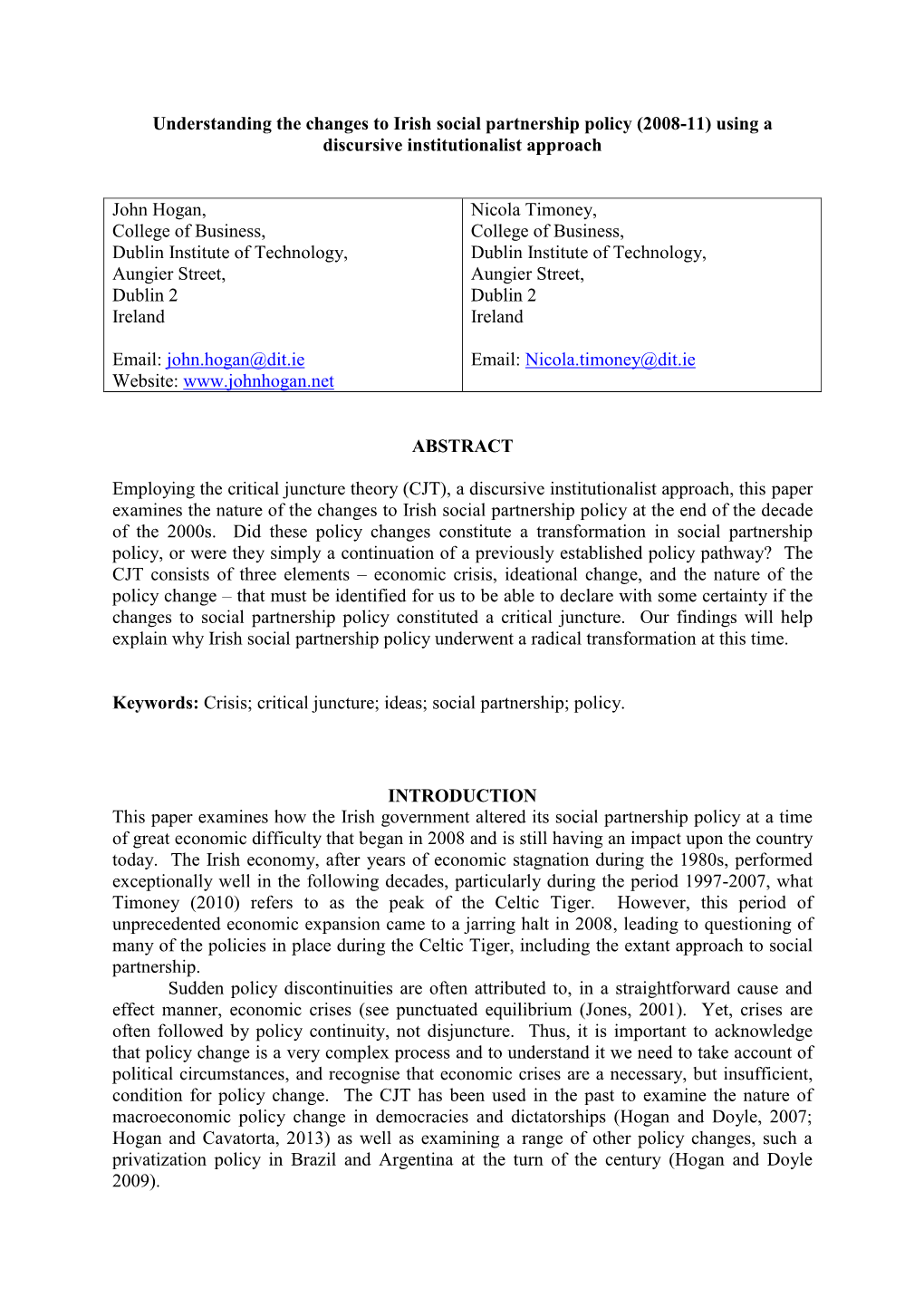 Understanding the Changes to Irish Social Partnership Policy (2008-11) Using a Discursive Institutionalist Approach