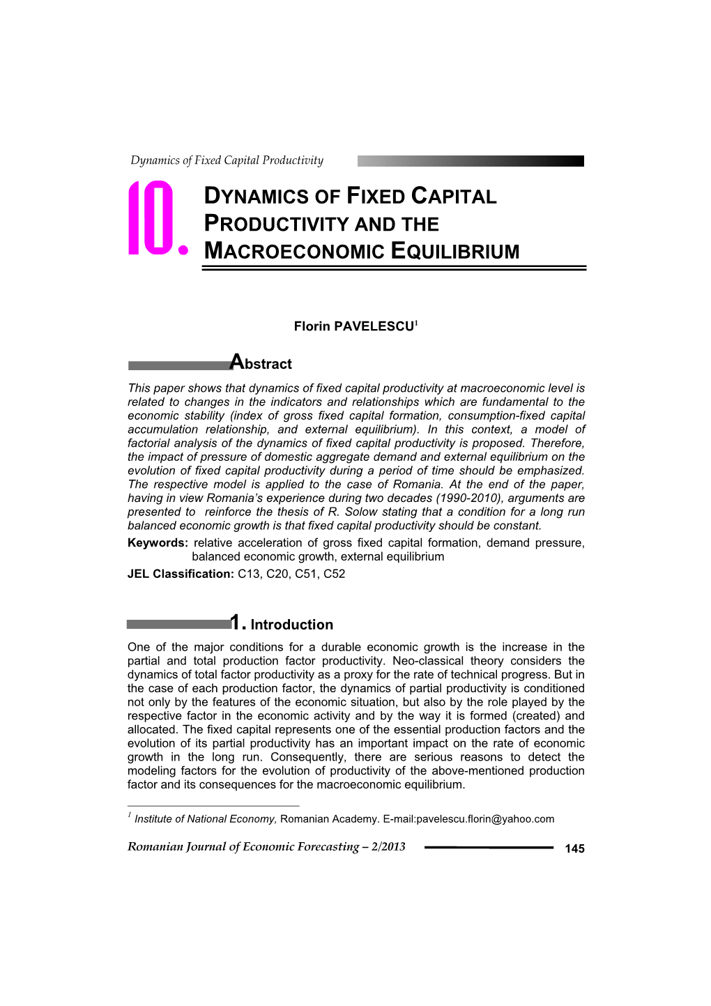 Dynamics of Fixed Capital Productivity and the Macroeconomic Equilibrium