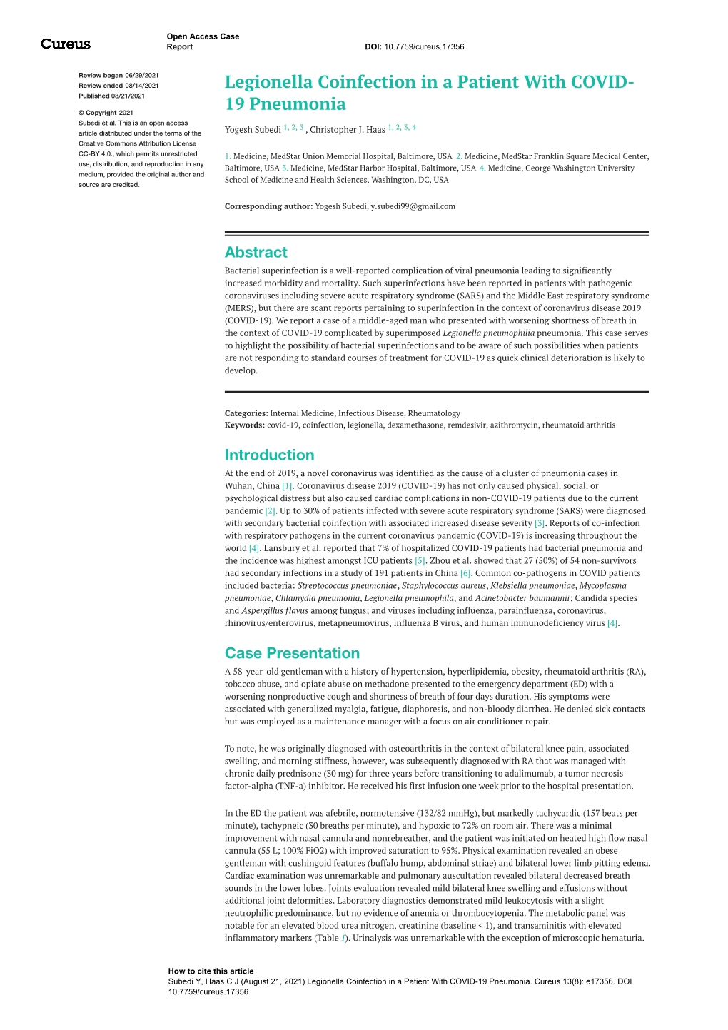 Legionella Coinfection in a Patient with COVID- 19 Pneumonia