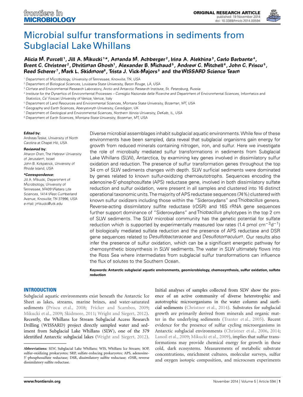 Microbial Sulfur Transformations in Sediments from Subglacial Lake Whillans