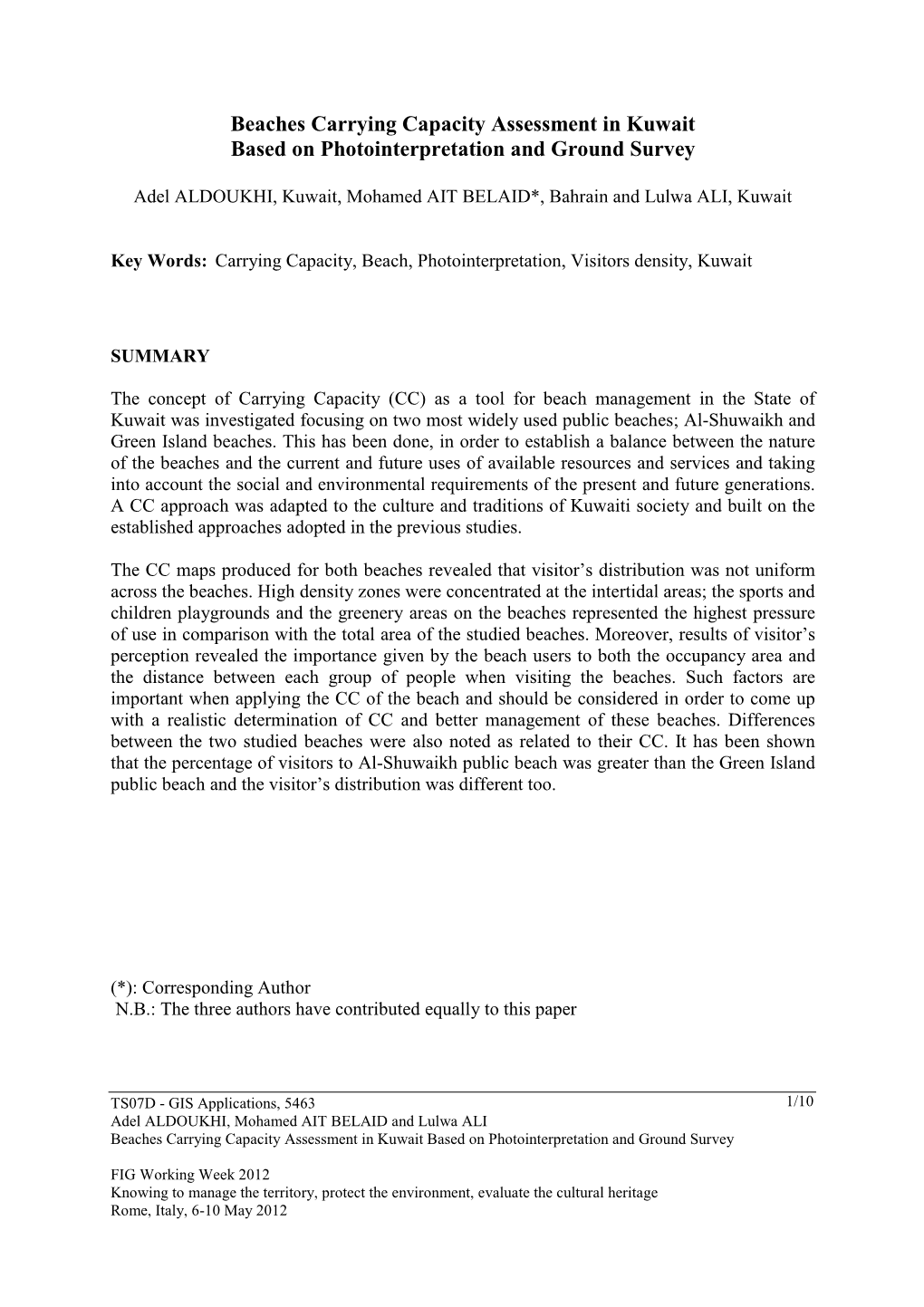 Beaches Carrying Capacity Assessment in Kuwait Based on Photointerpretation and Ground Survey