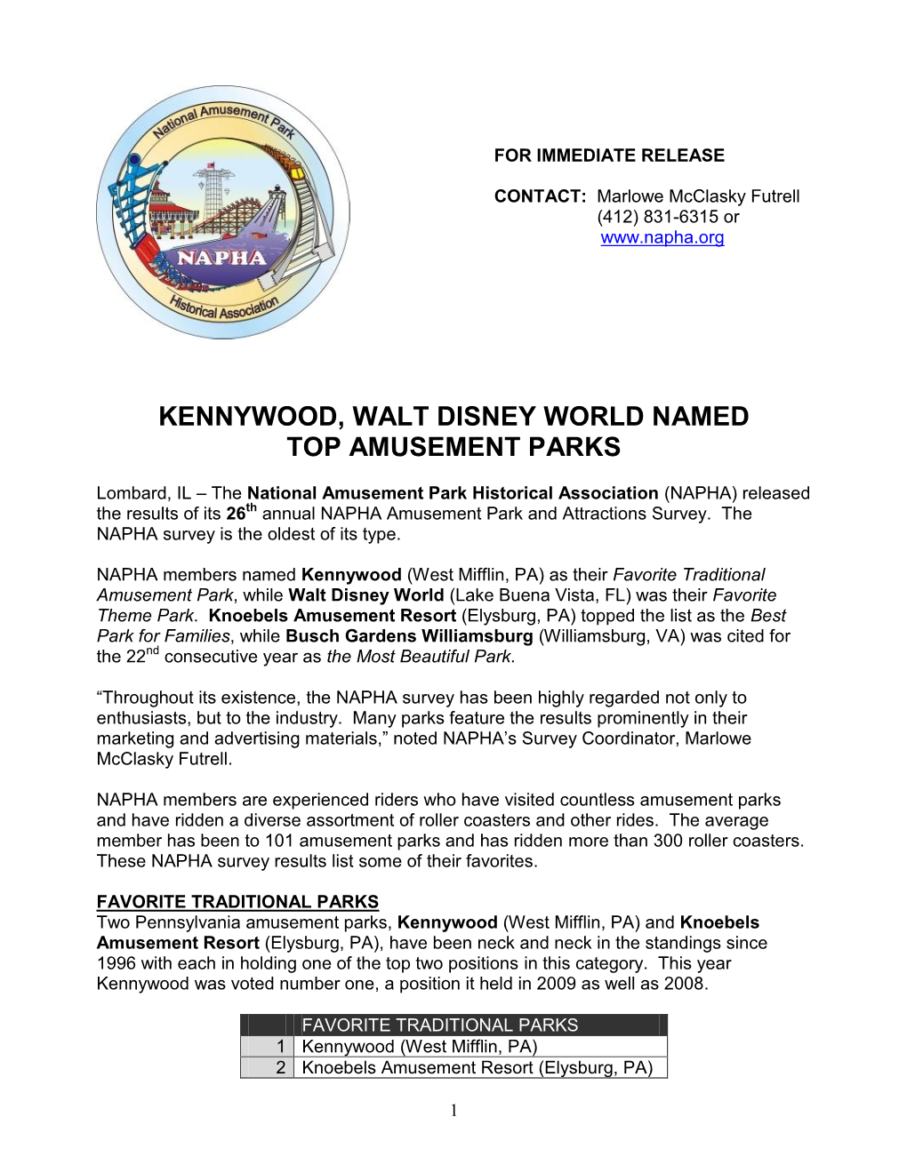 Kennywood, Walt Disney World Named Top Amusement Parks