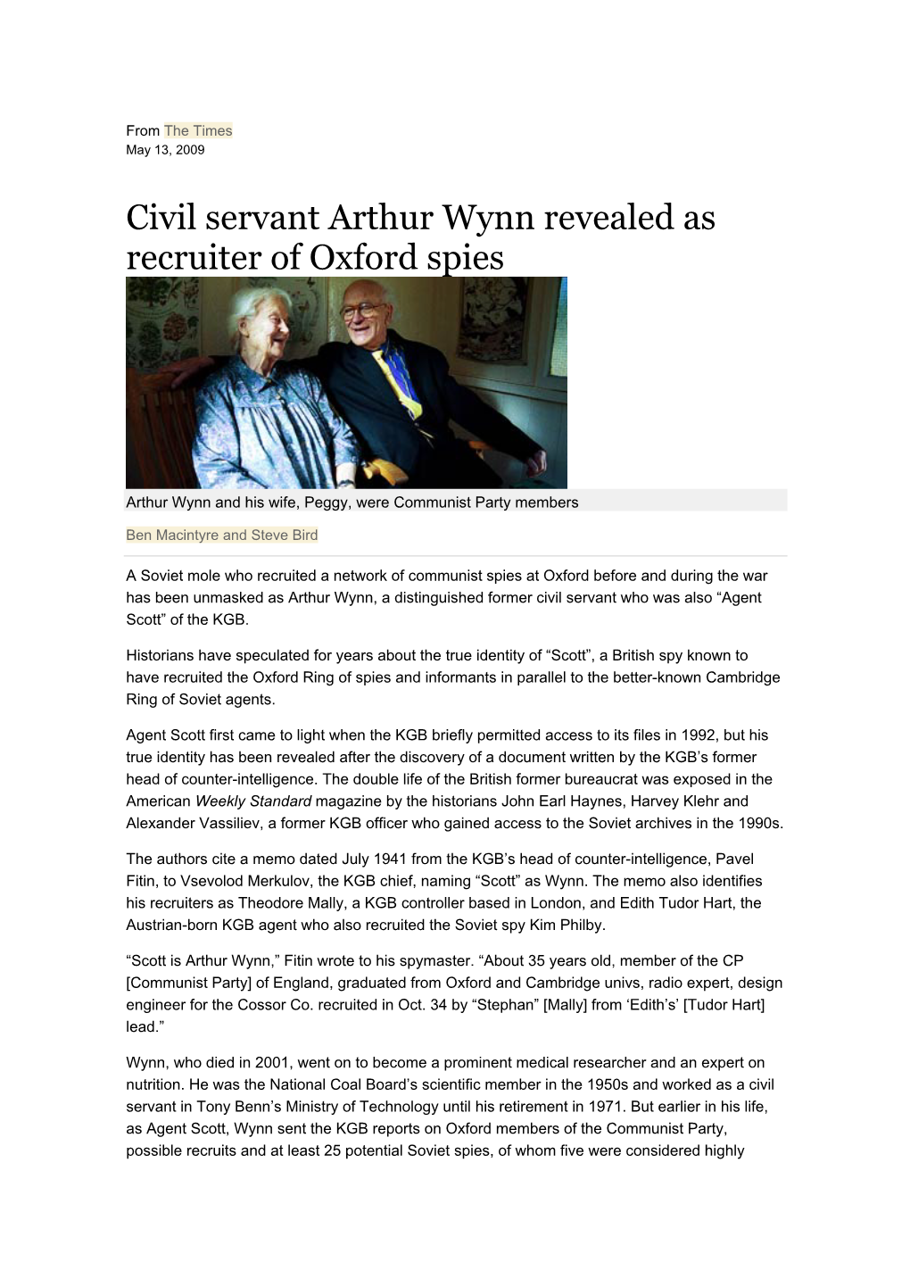 Civil Servant Arthur Wynn Revealed As Recruiter of Oxford Spies