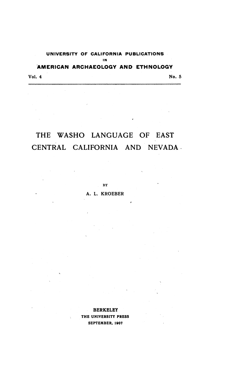 The Washo Language of East Central California and Nevada