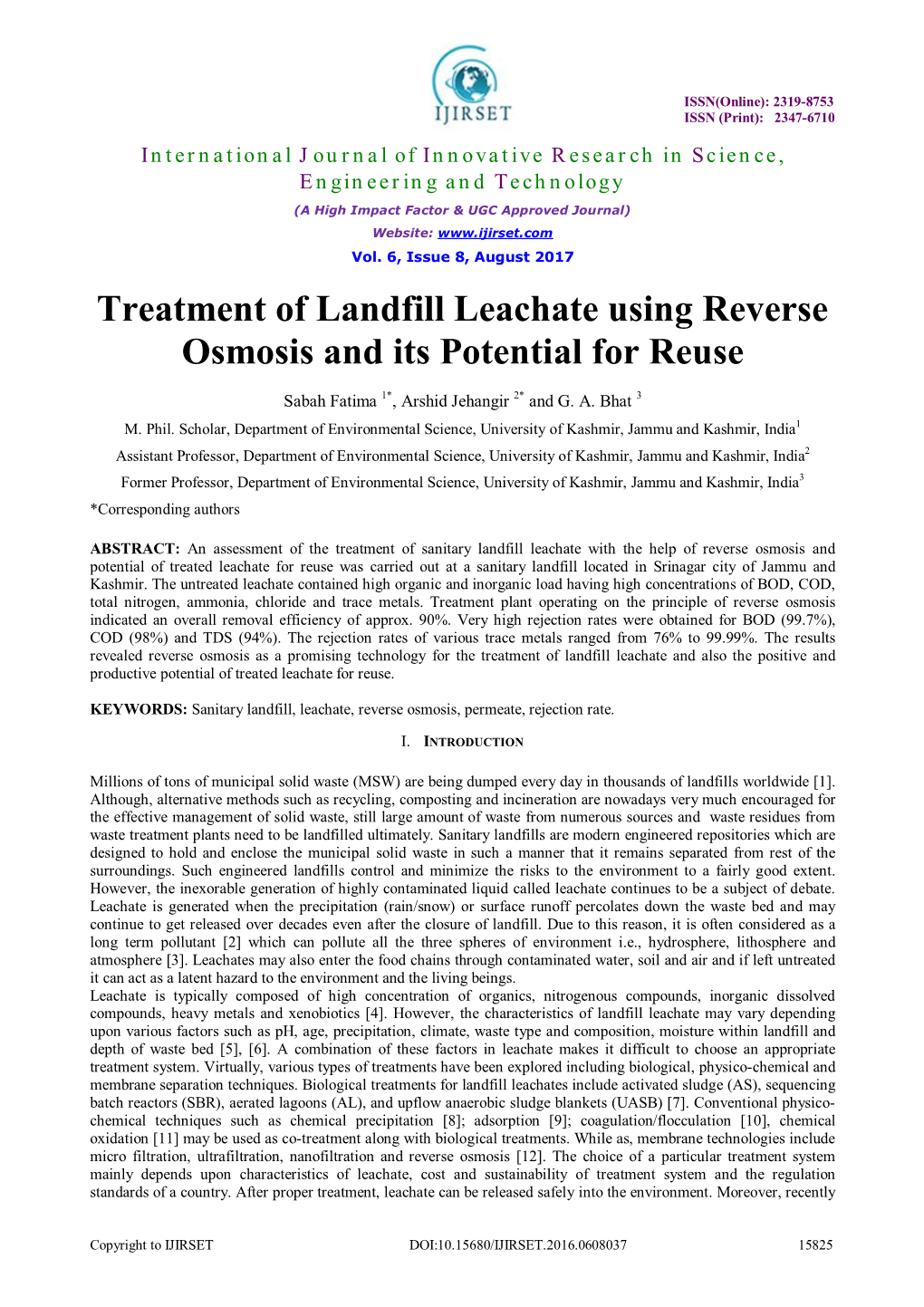 Treatment of Landfill Leachate Using Reverse Osmosis and Its Potential for Reuse