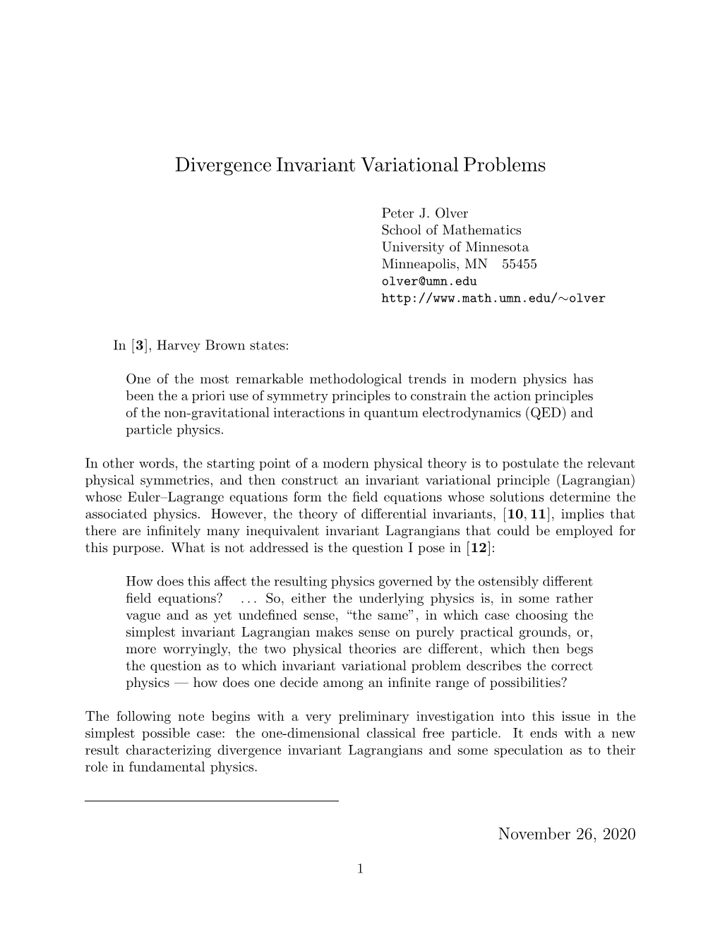 Divergence Invariant Variational Problems