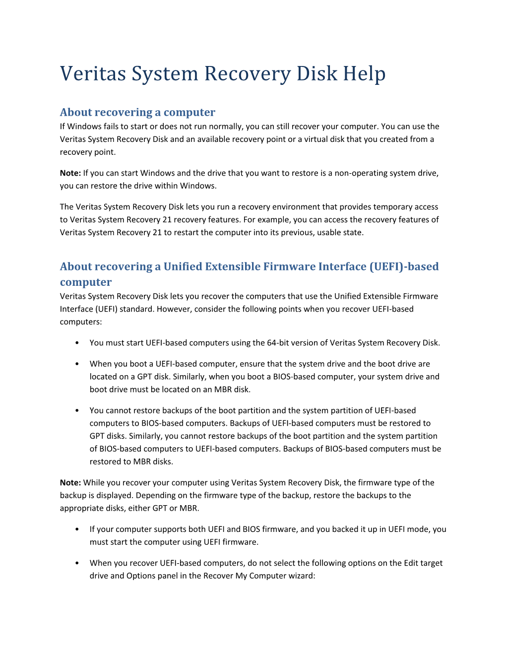 Veritas System Recovery Disk Help