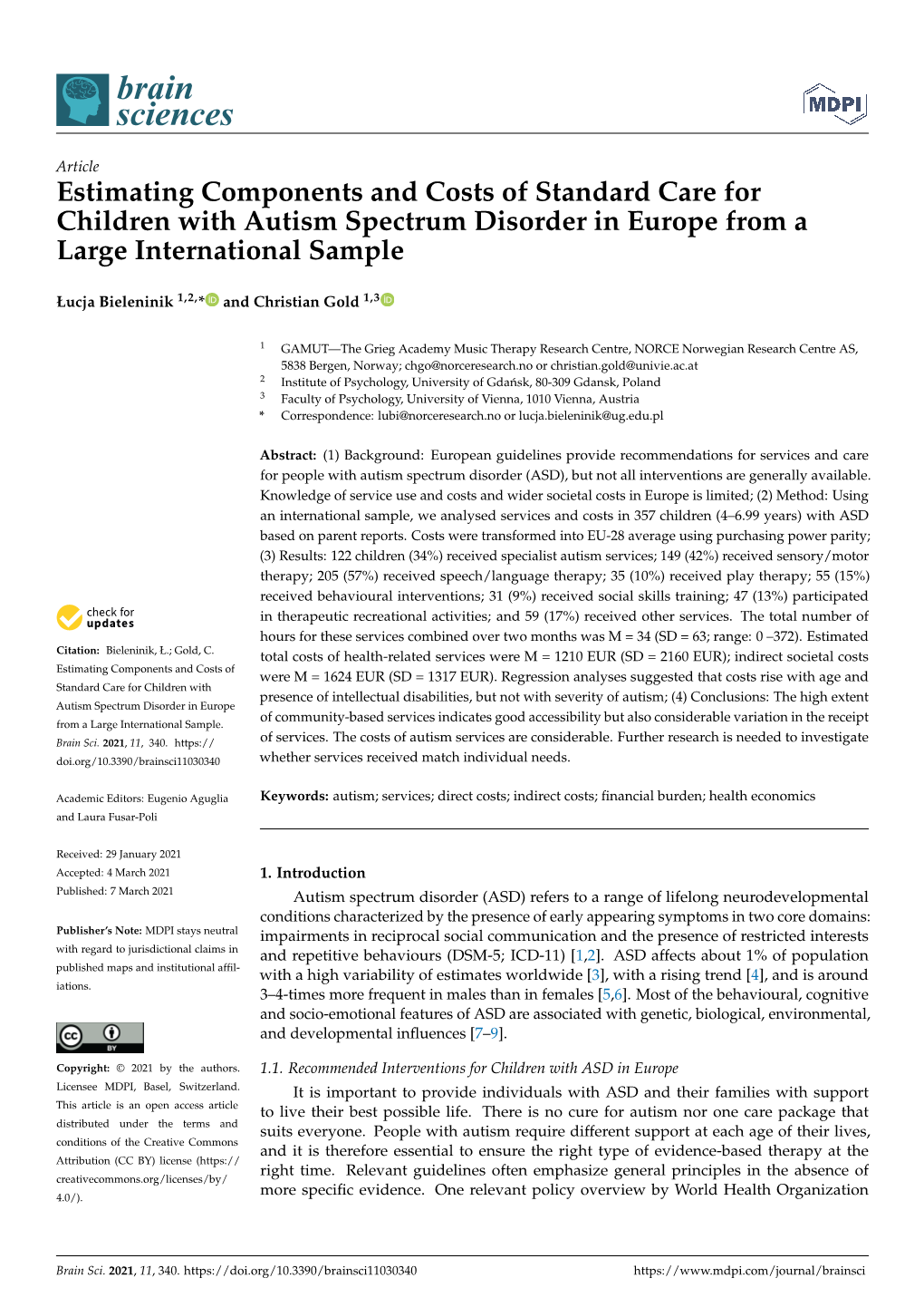 Estimating Components and Costs of Standard Care for Children with Autism Spectrum Disorder in Europe from a Large International Sample