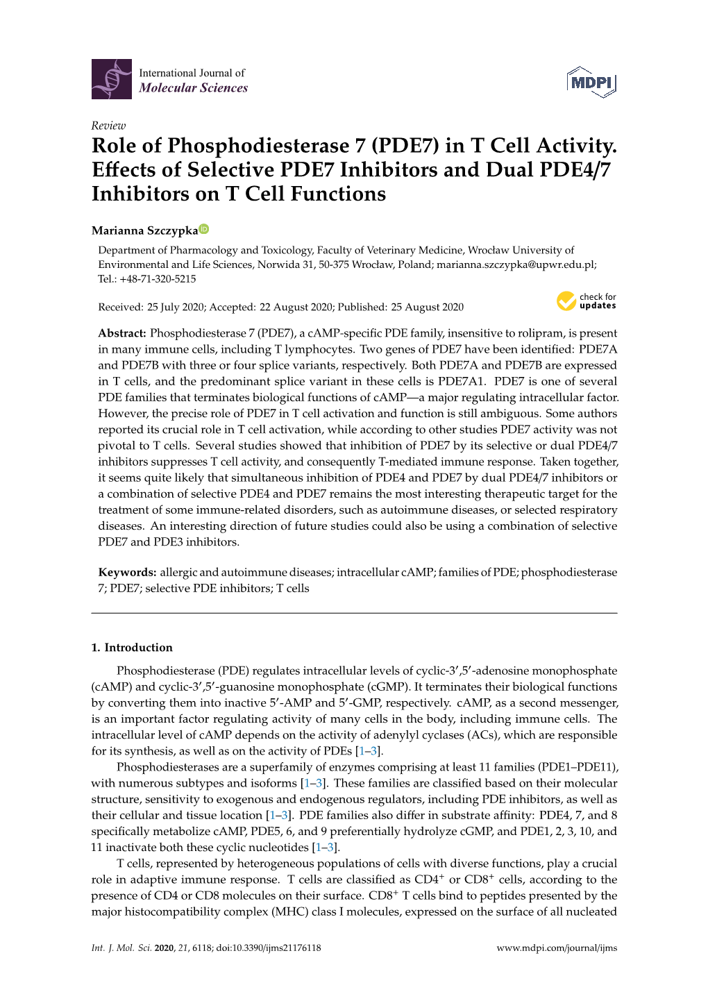 In T Cell Activity. Effects of Selective PDE7 Inhibitors and Dual PDE4/7