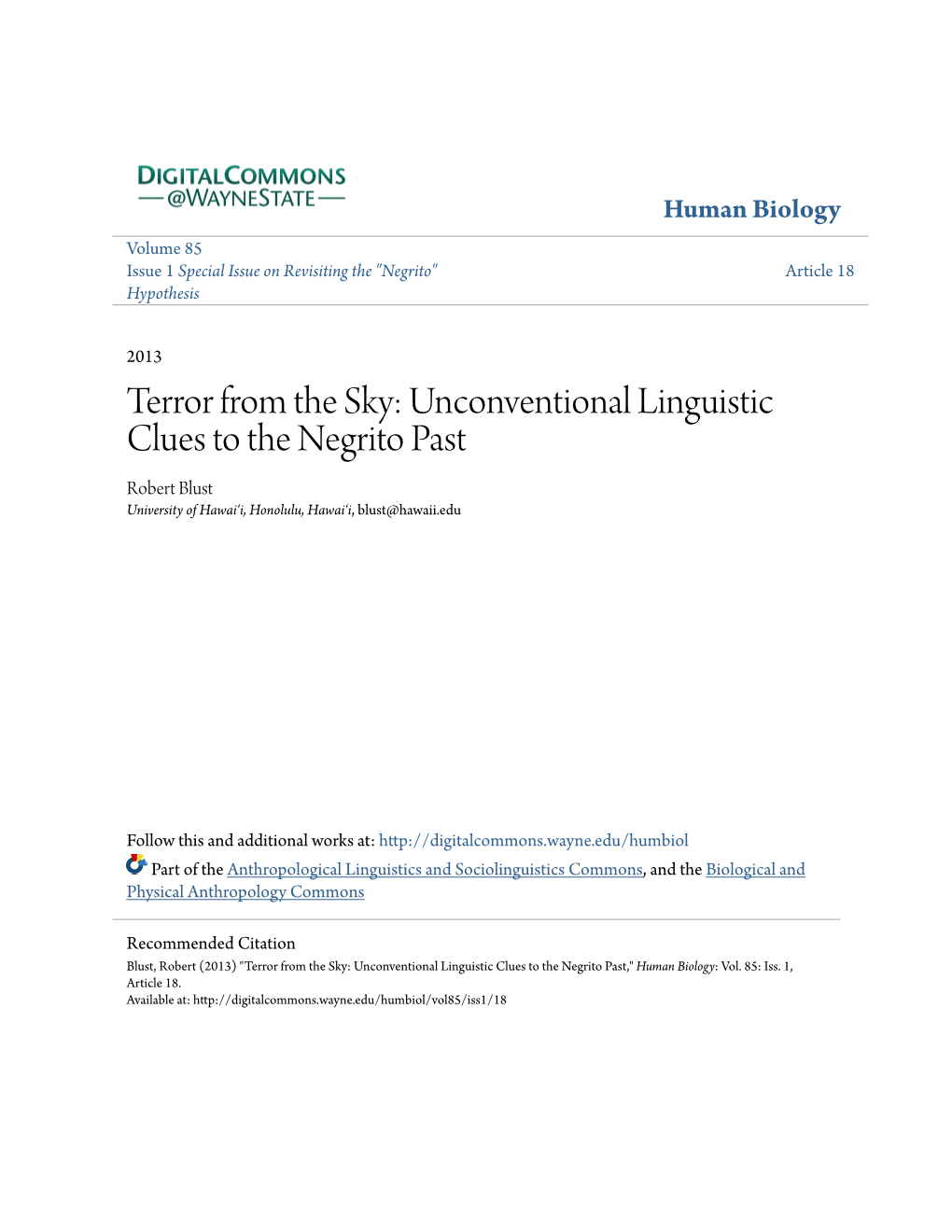 Unconventional Linguistic Clues to the Negrito Past Robert Blust University of Hawai‘I, Honolulu, Hawai‘I, Blust@Hawaii.Edu