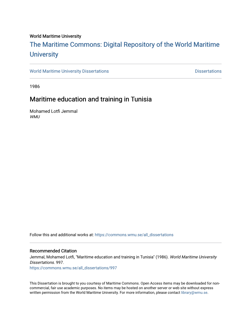 Maritime Education and Training in Tunisia