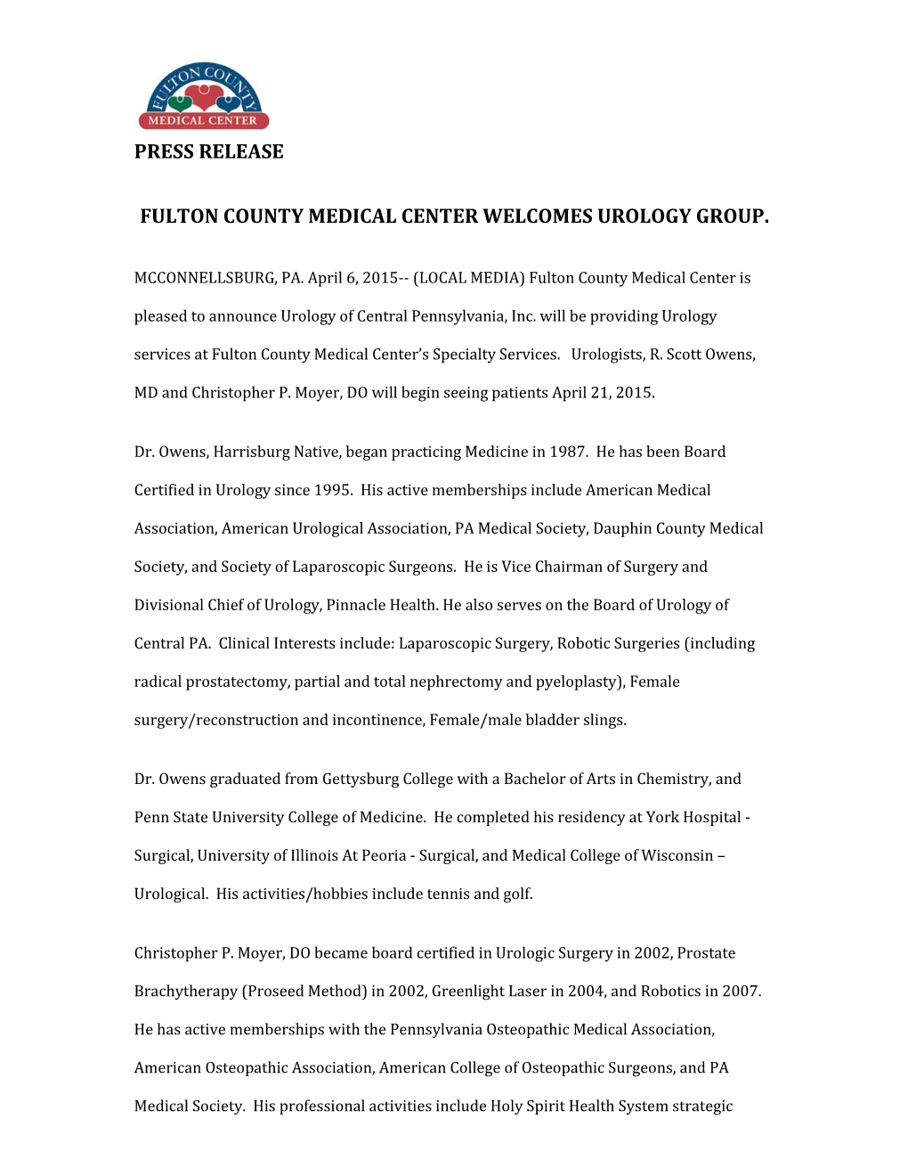 Press Release Fulton County Medical Center