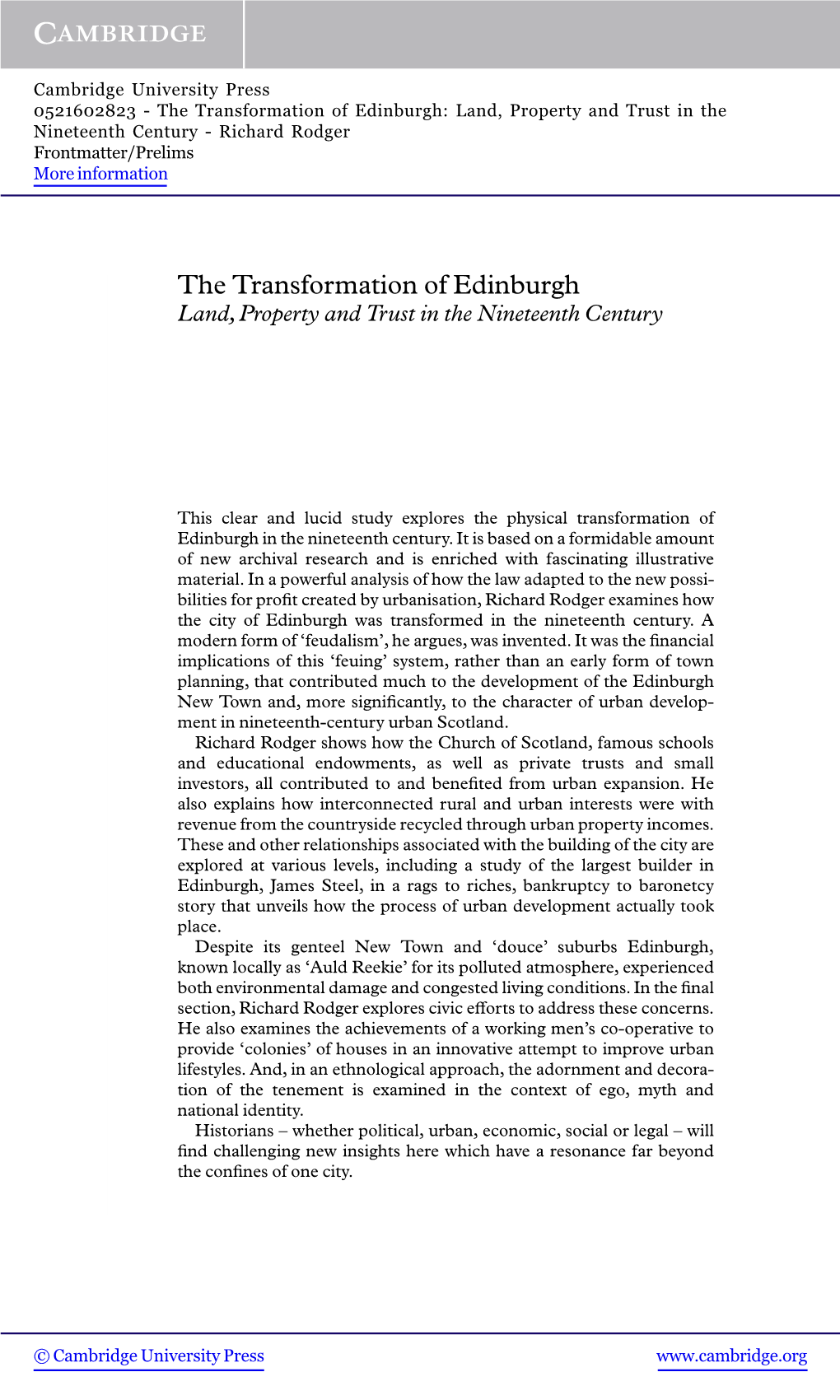 The Transformation of Edinburgh: Land, Property and Trust in the Nineteenth Century - Richard Rodger Frontmatter/Prelims More Information