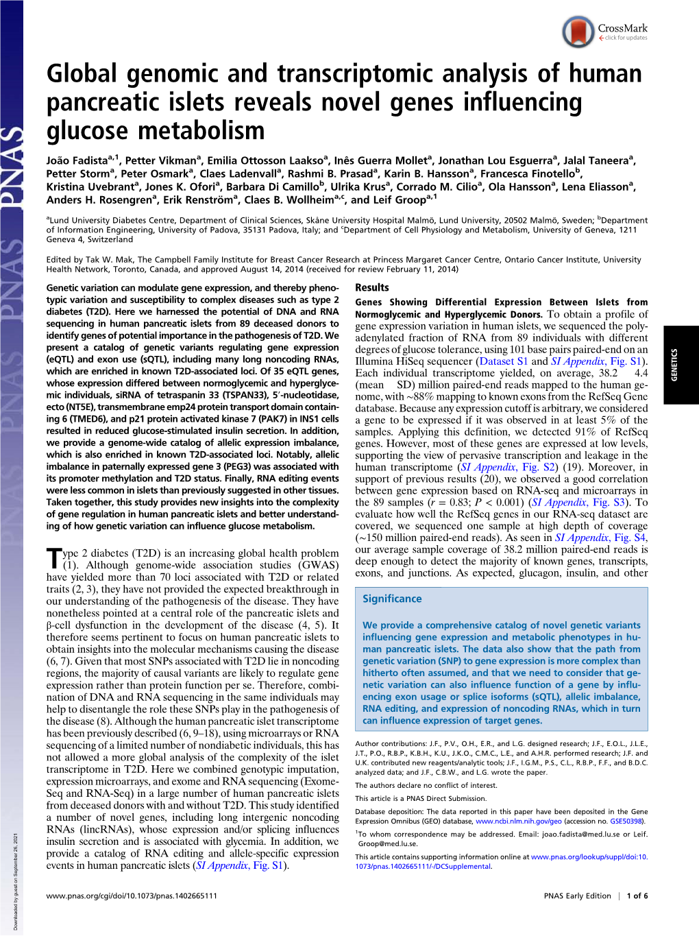 Global Genomic and Transcriptomic Analysis of Human Pancreatic Islets Reveals Novel Genes Influencing Glucose Metabolism