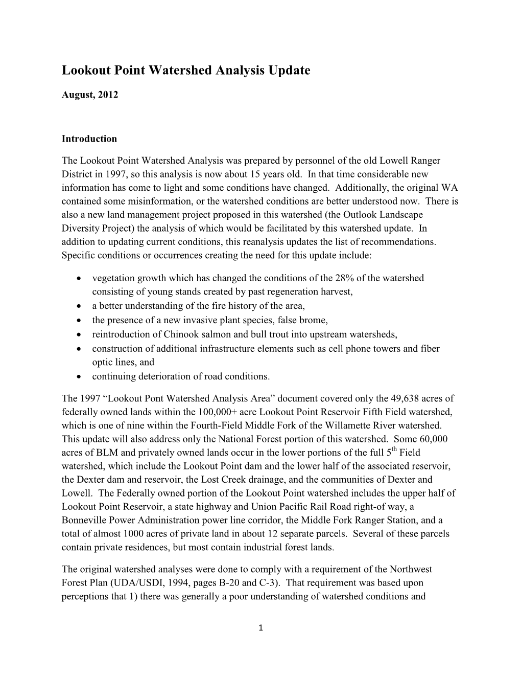 Lookout Point Watershed Analysis Update