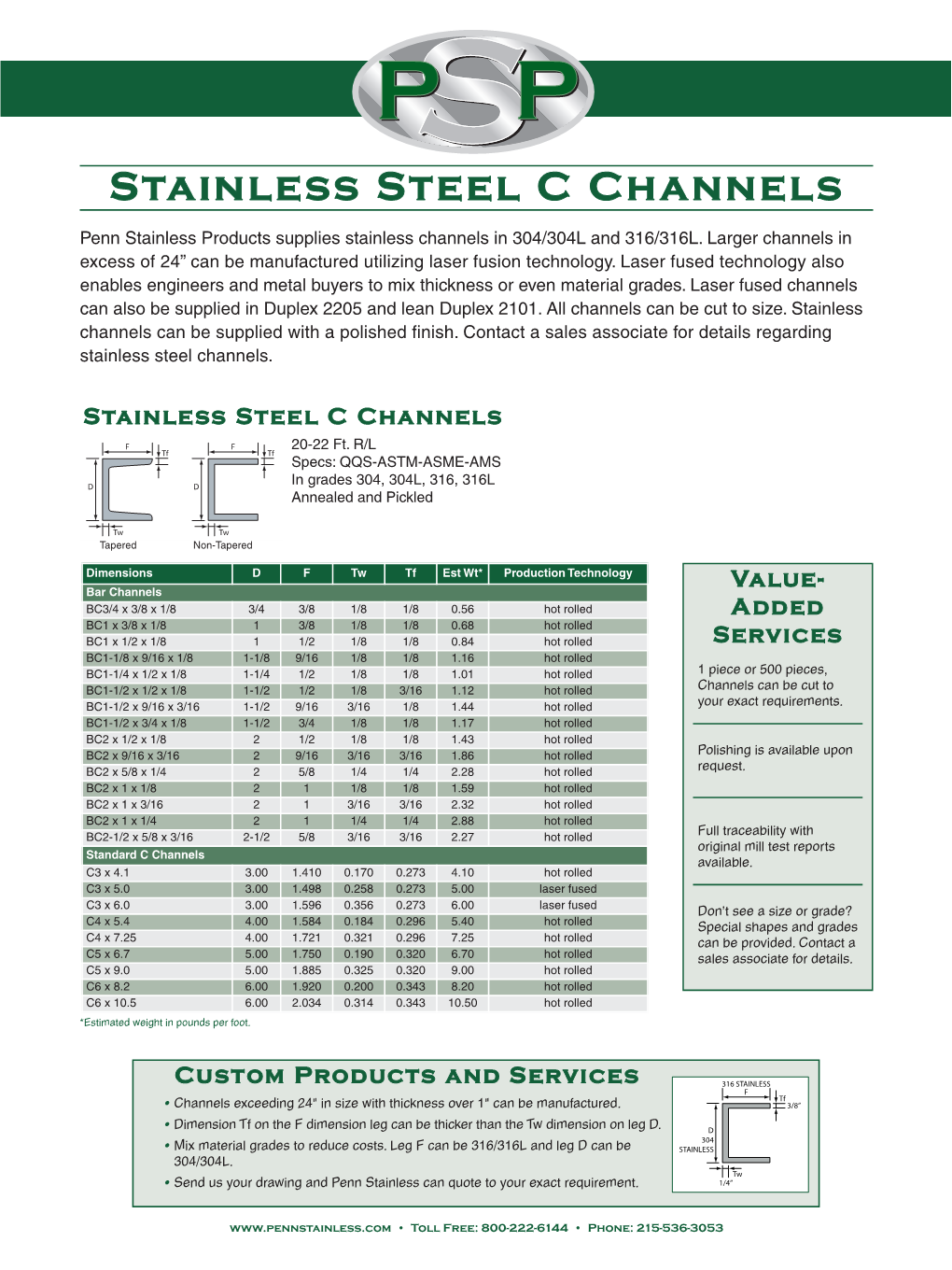 SP PP P Stainless Steel C Channels