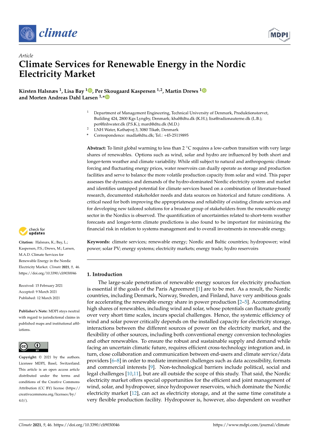 Climate Services for Renewable Energy in the Nordic Electricity Market
