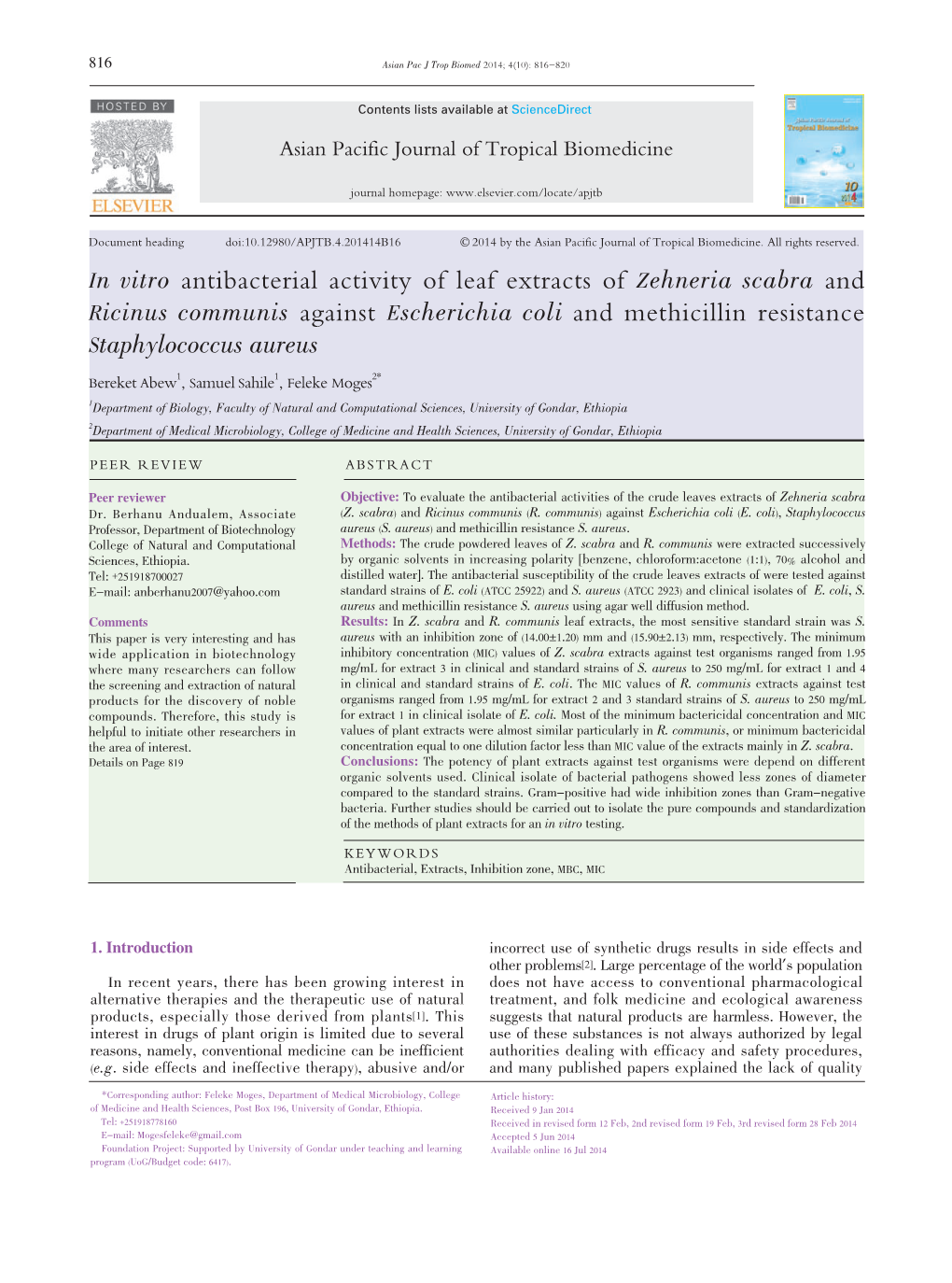 In Vitro Antibacterial Activity of Leaf Extracts of Zehneria Scabra and Ricinus Communis Against Escherichia Coli and Methicillin Resistance Staphylococcus Aureus