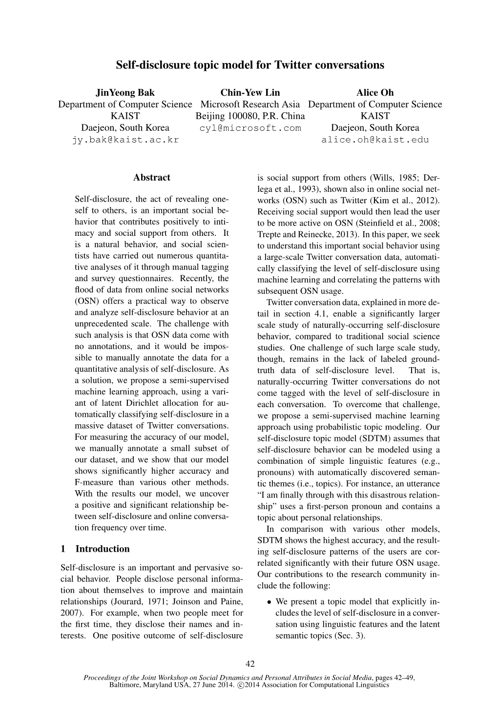 Self-Disclosure Topic Model for Twitter Conversations