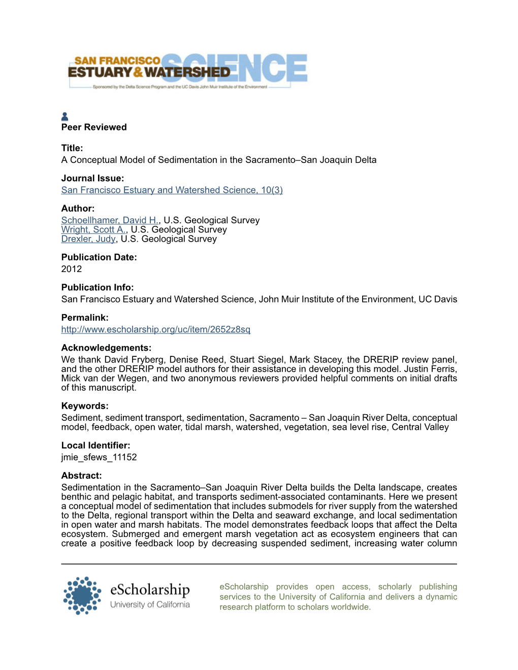 A Conceptual Model of Sedimentation in the Sacramento–San Joaquin Delta