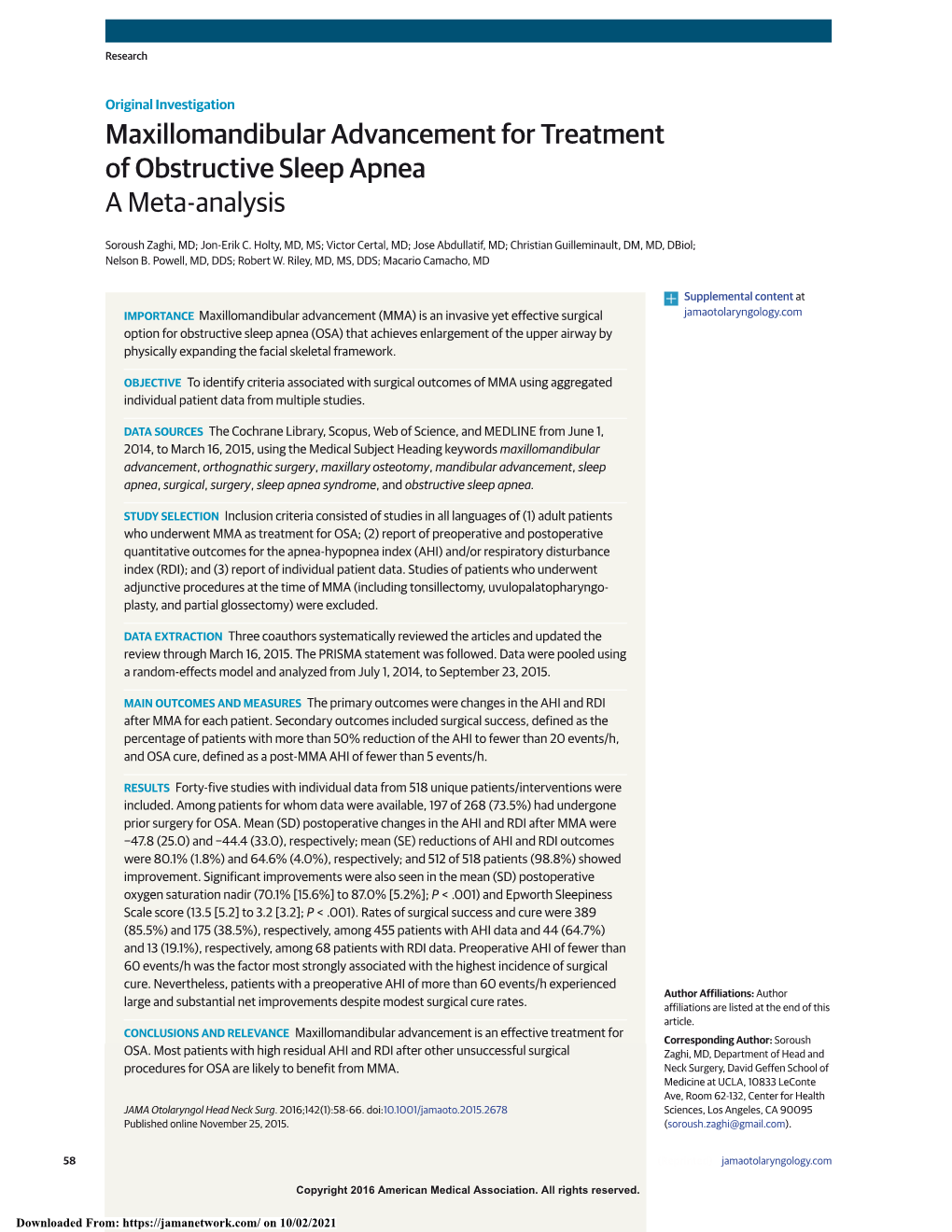 Maxillomandibular Advancement for Treatment of Obstructive Sleep Apnea a Meta-Analysis