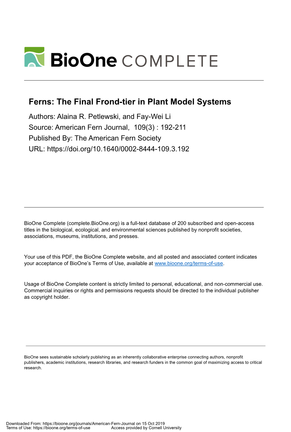 Ferns: the Final Frond-Tier in Plant Model Systems