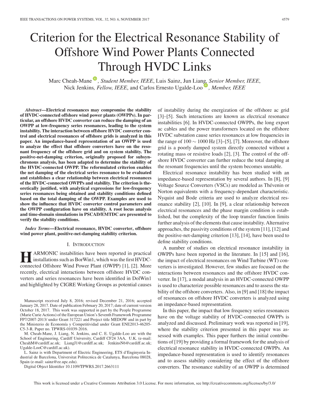 Criterion for the Electrical Resonance Stability of Offshore Wind Power