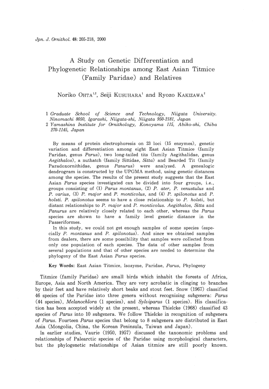 A Study on Genetic Differentiation and Phylogenetic Relationships Among East Asian Titmice (Family Paridae) and Relatives