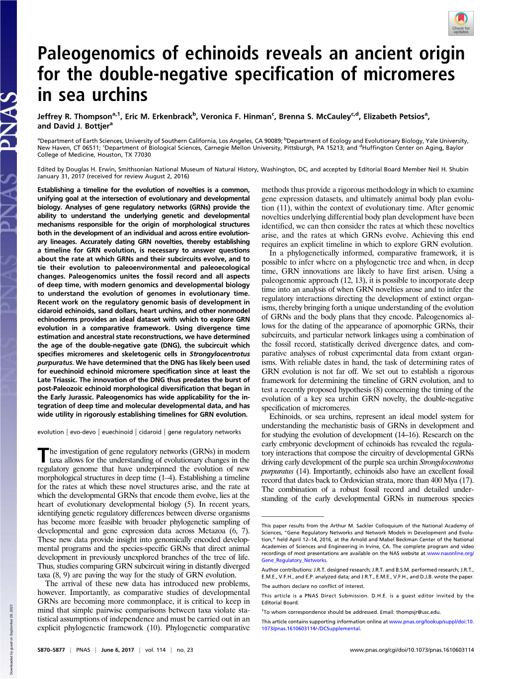 Paleogenomics of Echinoids Reveals an Ancient Origin for the Double-Negative Specification of Micromeres in Sea Urchins