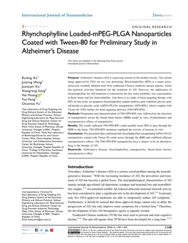 Rhynchophylline Loaded-Mpeg-PLGA Nanoparticles Coated with Tween-80 for Preliminary Study in Alzheimer's Disease