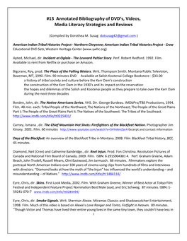 13 Annotated Bibliography of DVD's, Videos, Media Literacy Strategies