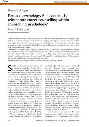 Positive Psychology: a Movement to Reintegrate Career Counselling Within Counselling Psychology? Peter J
