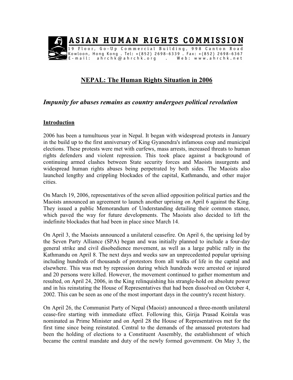 NEPAL: the Human Rights Situation in 2006 Impunity for Abuses