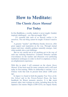 How to Meditate: the Classic Zazen Manual for Today