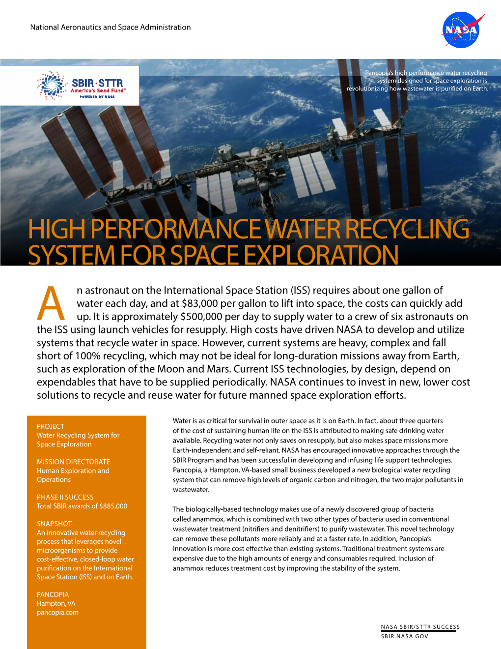 High Performance Water Recycling System for Space Exploration