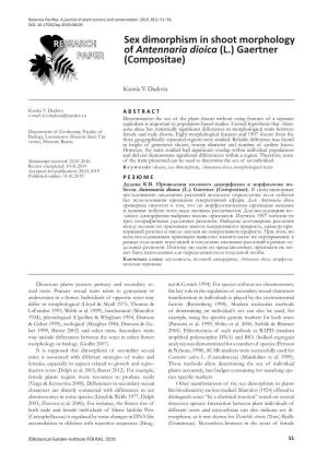 Sex Dimorphism in Shoot Morphology of Antennaria Dioica (L.) Gaertner (Compositae)
